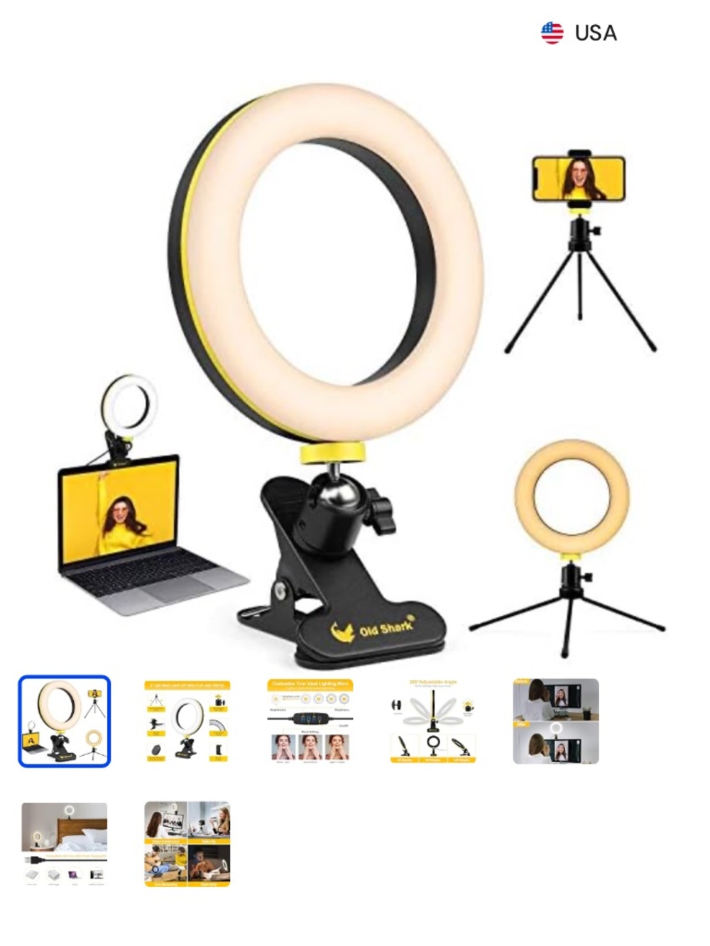 Old Shark 6.3" Selfie Ring Light, cell phone tripod, clamp, wireless remote NEW